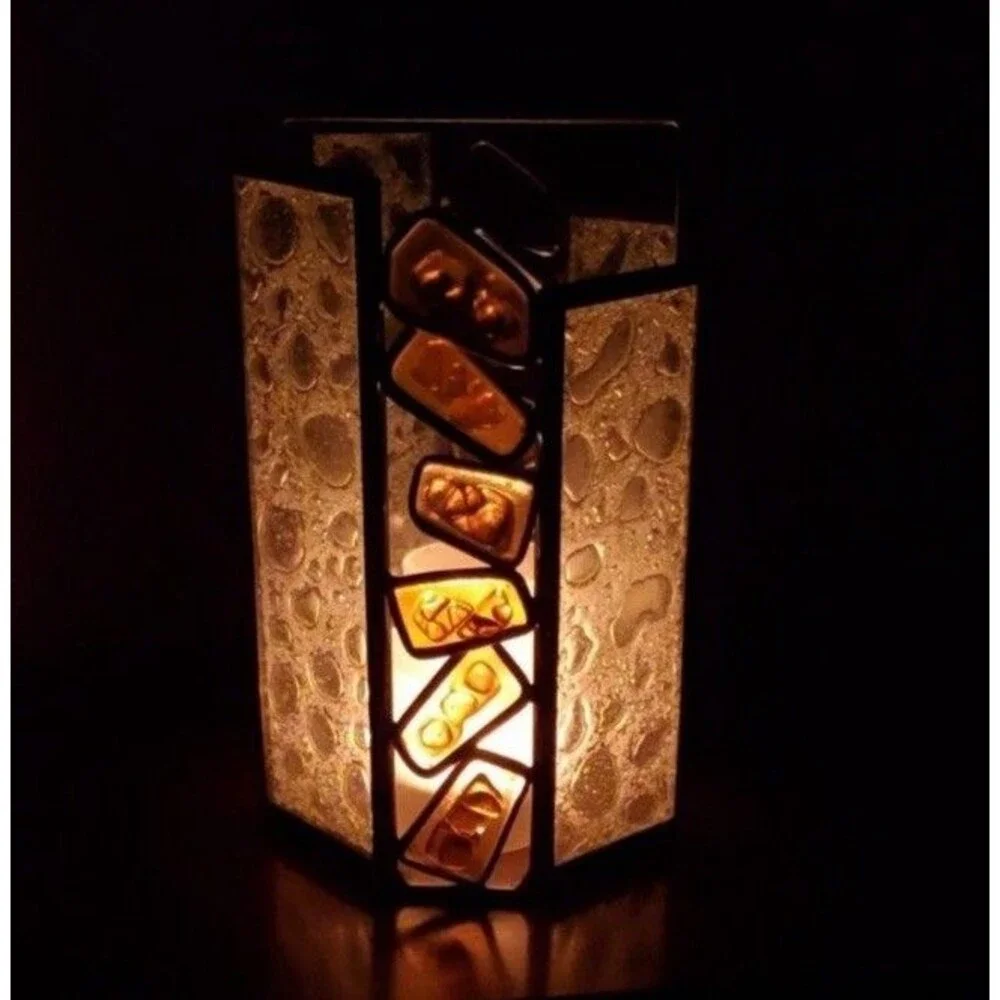 VTG Glass Partylite Candle Holder mosaic Retro Brown Yellow Copper 60s 70s Style